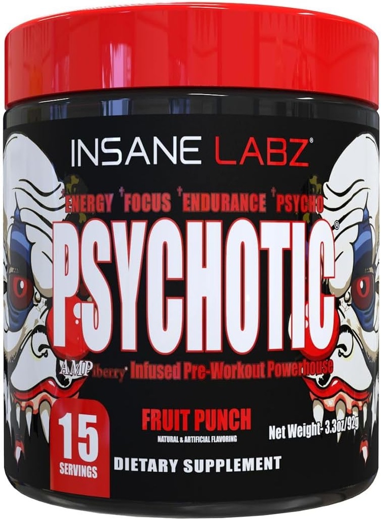 Insane Labz Psychotic, High Stimulant Pre Workout Powder, Extreme varaktig energi, fokus och uthållighet med Beta Alanine, Kreatin Monohydrat, DMAE, 15 Srvgs, Fruit Punch