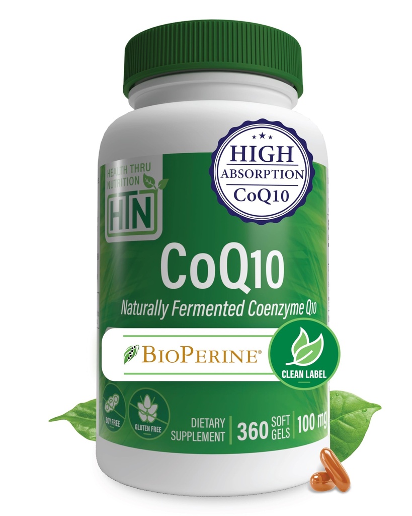 Health Thru Nutrition CoQ-10 100mg med BioPerine 360 Softgels | Hög Absorption Naturligt Fermenterad USP Grade Coenzyme Q10 Supplement | 3rd Party Tested | Hjärthälsa och energistöd