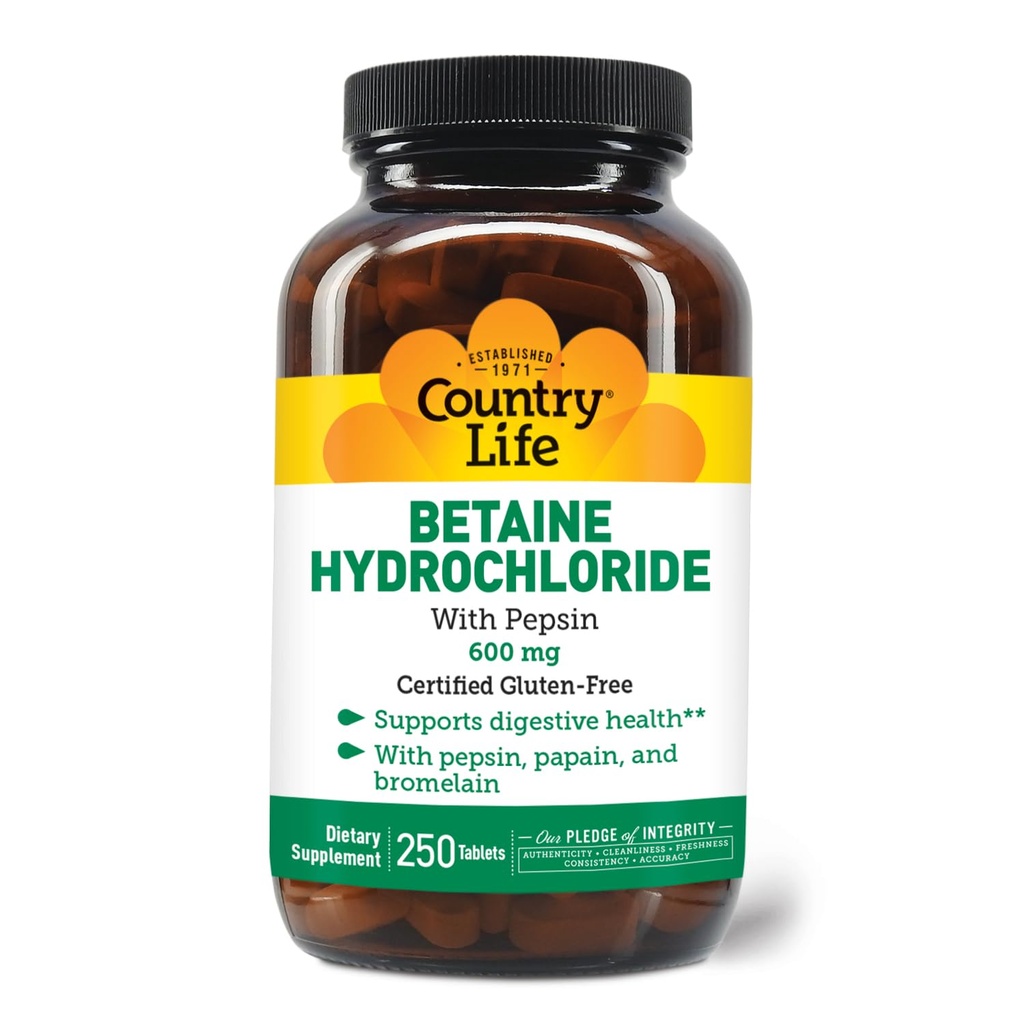 Country Life Betaine Hydrochloride med pepsin 600 mg - 250 tabletter