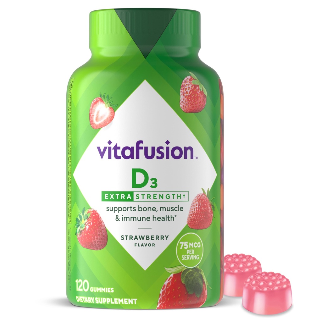 Vitafusion Extra Strength Vitamin D3 Gummy, Strawberry Flavored Bone och Immune System Support (1) 120 Räkna