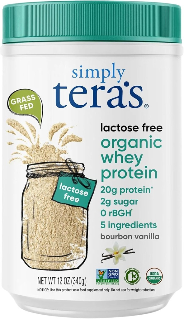helt enkelt tera's Lactose Free Organic Whey Protein Powder - Lactose Free, Vanilla, 20g Protein Per Serving, Non-GMO, Gluten-Free, rBGH-Free, Kosher - 12 Oz.