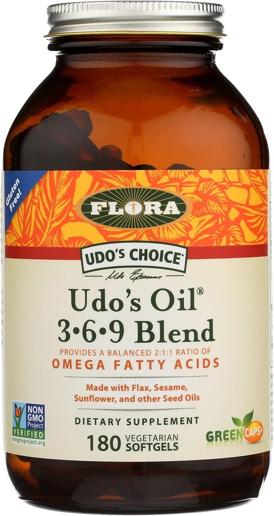Flora Udos olja 3-6-9 Blend - Innehåller organisk kokosnöt, linfröolja och mer - 180 vegetariska mjukglar