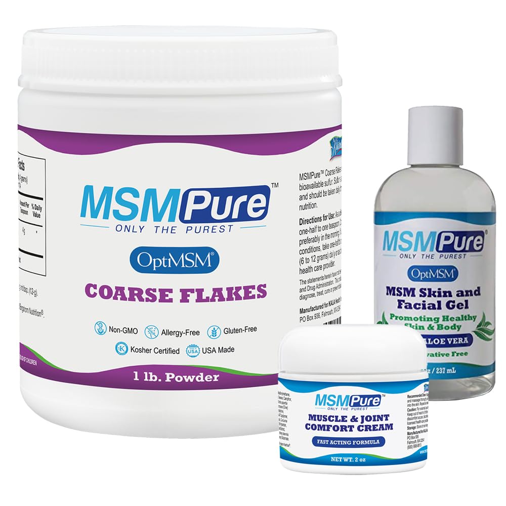 KALA HEALTH MSMPure Starter Bundle med MSM Coarse Flakes 1lb, MSM Muscle & Joint Cream 2oz och MSM Gel med Organic Aloe 8oz
