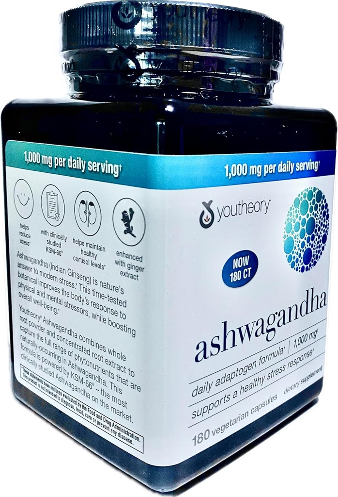 Generisk Ashwagandha Supplement Organic KSM-66 Ashwagandha Vegetarian Supplement 180 Capsules, 1000mg per daglig servering, hjälper till att stödja hälsosam stresshanteringsrespons, Pearl White