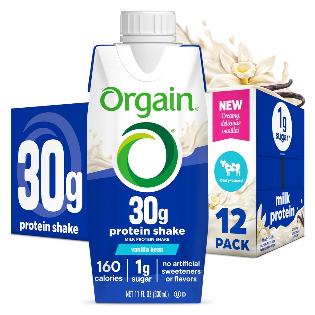 Orgain 30g High Protein Shake, Dairy Isolate Milk Protein, Vanilla Bean, 5g BCAAs, 1g Sugar Per Servering, Meal Replacement, Redo att dricka, Keto Friendly, Gluten-Free 11 Fl Oz (Pack av 12)
