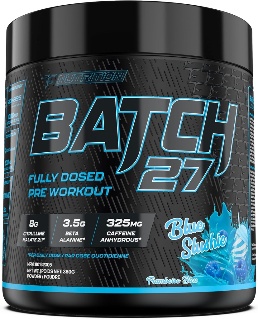 TC Nutrition Batch 27 Pre Workout Powder - 8g Citrulline, 3,5 g Beta Alanine, 2,5 g Betaine, 325mg koffein | Instant Energy, Focus, Pumps och styrka | Nitric Oxide Booster 20 sv (Blue Slushie)