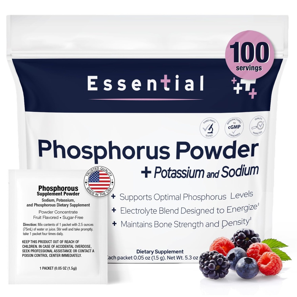 Fosfor Supplements 100 Packets, Dietary Supplements Powder med natriumfosfat och kaliumfosfat, Frukt smaksatt fosfor tilläggspulver för elektrolyt, benhälsa och njurhälsa