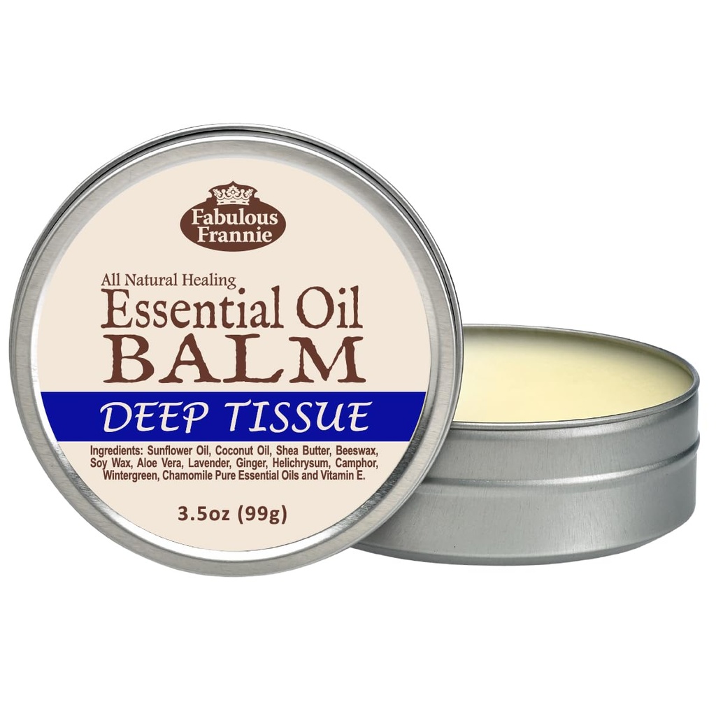 Fabulous Frannie Deep Tissue All Natural Essential Oil Healing Balm Made with Sunflower Oil, Coconut Oil, Shea Butter, Beeswax, Soy Wax, Aloe Vera and Pure Essential Oils 3.5oz (Pack of 1)