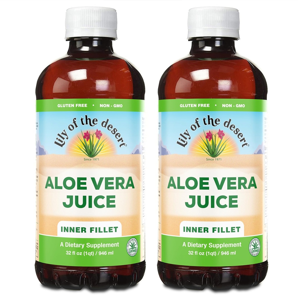 Lily Of The Desert Organic Aloe Vera Juice 2-Pack - Inre Fillet, Natural Gut & Digestive Support, magsäck, 32 Fl Oz Ea