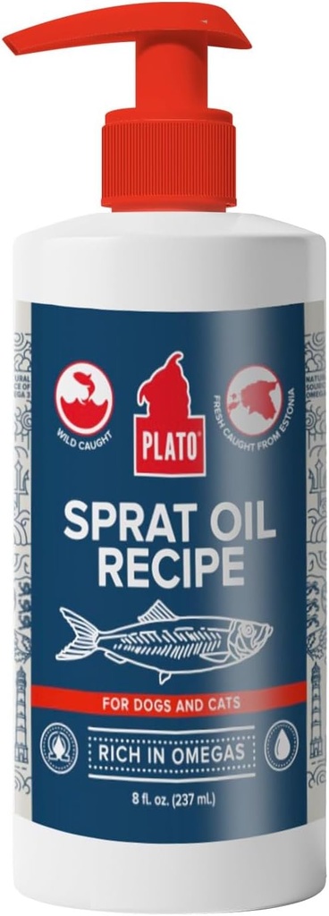 PLATO Pet behandlar fiskolja för hundar - Omega 3 olja för hundar - stöder hälsosam hud och rock - Baltic Sprat Oil Recept 8 Ounces
