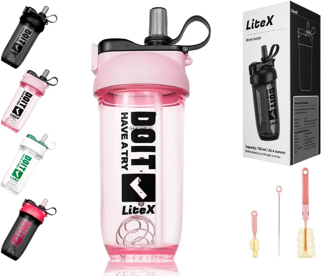Litex Shaker Bottles för Protein Shakes, 26oz Blender Shaker Bottle för Pre-Workout, Shaker Cups med Straw, BPA-fria Tritan Mixer Bottles för Protein Powder, med Cup Brush och Instruktioner (Pink)
