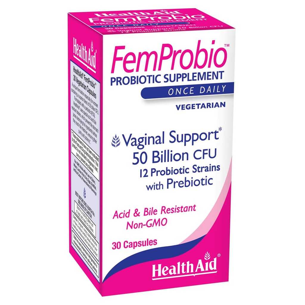 HealthAid FemProbio - Once-Daily Probiotic med prebiotisk fiber | 50 miljarder CFU | 30 vegetariska kapslar | Acid & Bile Resistant, Laktos, Gluten & GMO-Free