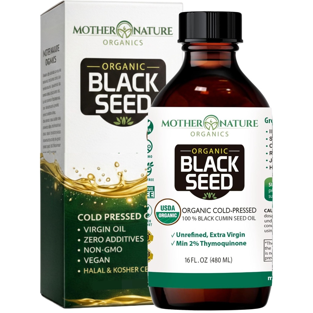 Mother Nature USDA Organic Black Seed Oil – Cold Pressed, Unrefined & Vegan Nigella Sativa, High Thymoquinone (2%+), Omega 3 6 9 for Immune, Joint & Heart Support, Hair & Skin, Non-GMO, 16oz