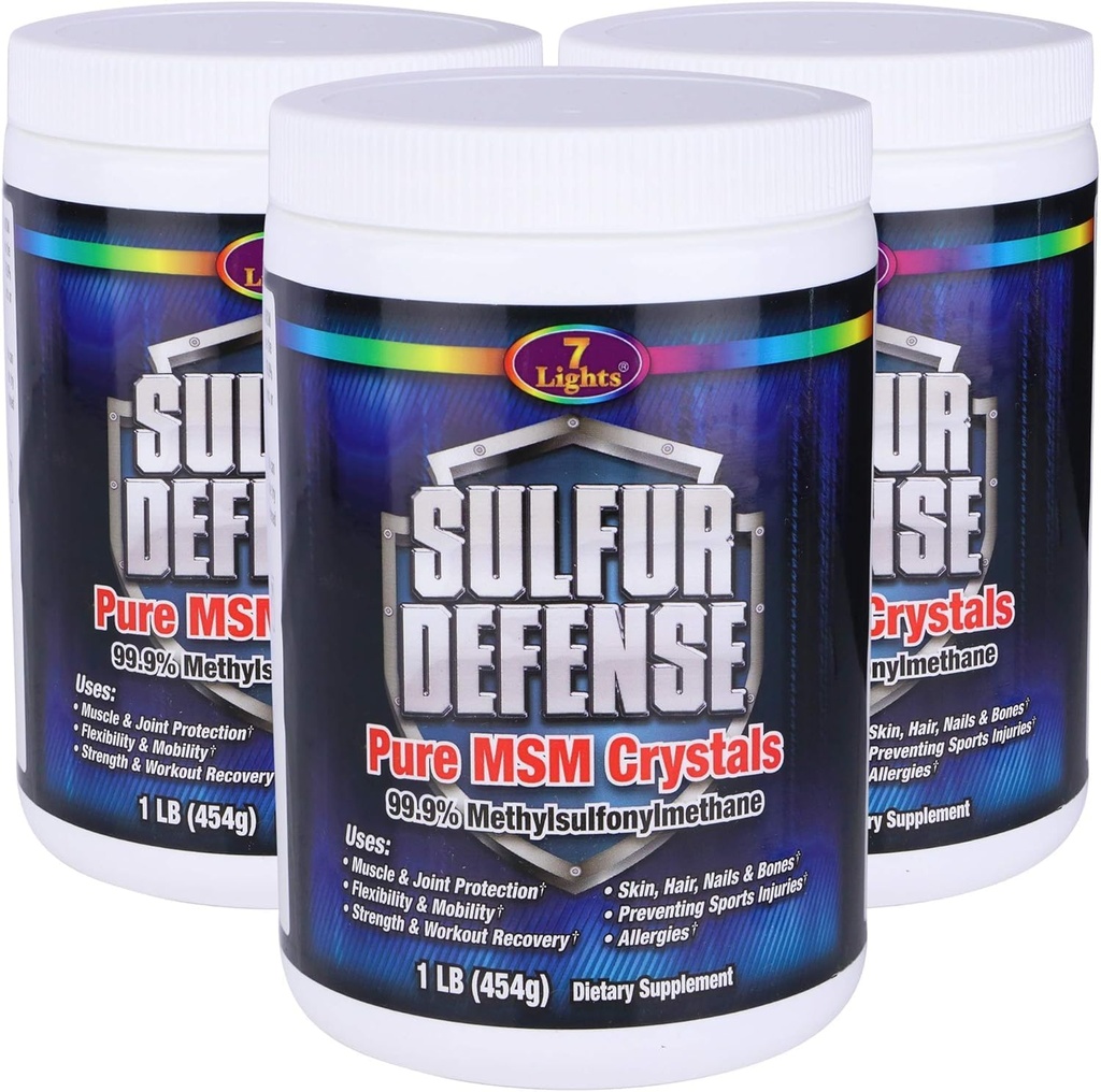 7 Lights Sulfur Defense Opti-MSM 99.9% Pure MSM Powder | Dietary Supplement for Joints, Skin & Immune Support – Organic Methylsulfonylmethane, Vegan, Non-GMO, Gluten-Free – Made in USA (3 x 1 LB)