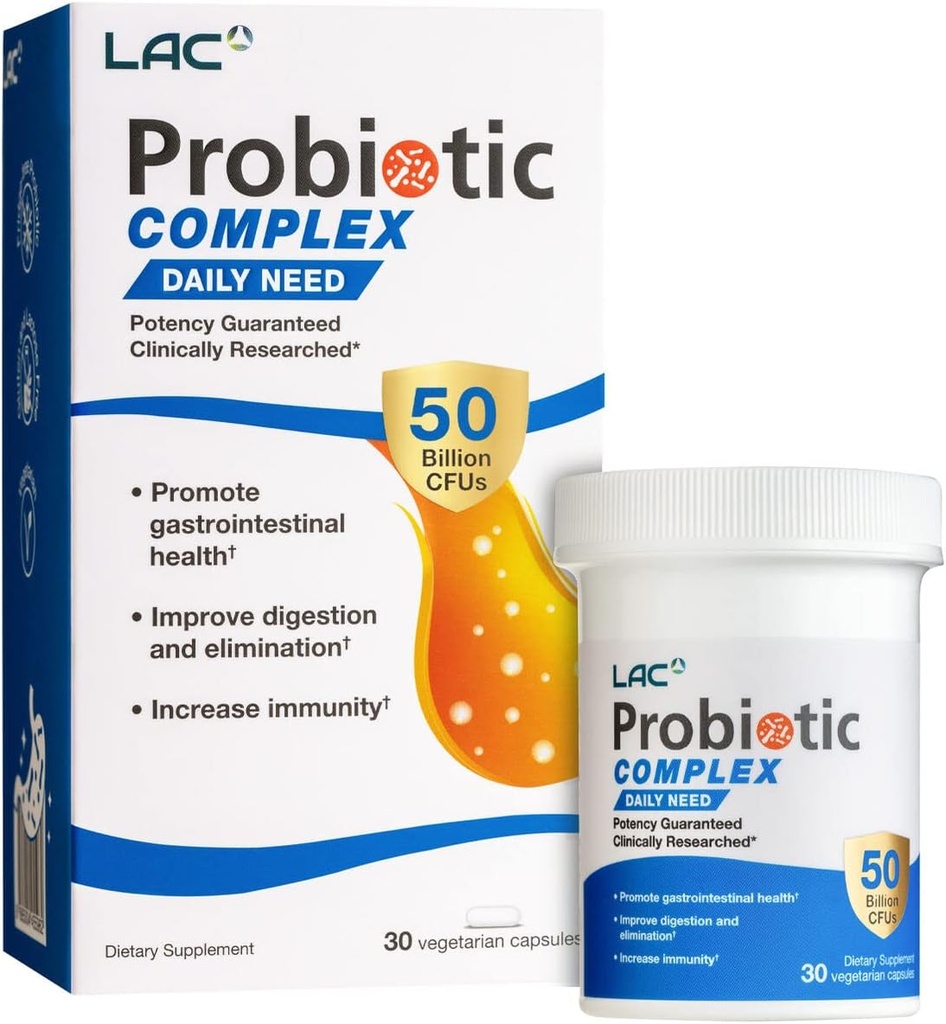LAC Probiotic Complex 50 miljarder CFUs | Digestive Supplement | Aktiv probiotika för att återställa tarmbakteriell balans, IBS Support (30 vegetariska kapslar)