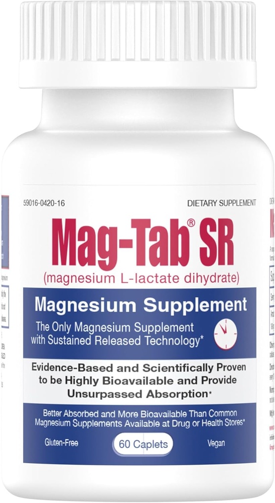 Extended Release Magnesium Laktatleverans för 10x Bättre Absorption-Mag-Tab SR (Sustained Release) 60 Count-Supports Sleep, Muscle Cramps, Magnesium Deficiency Health Issue (60)