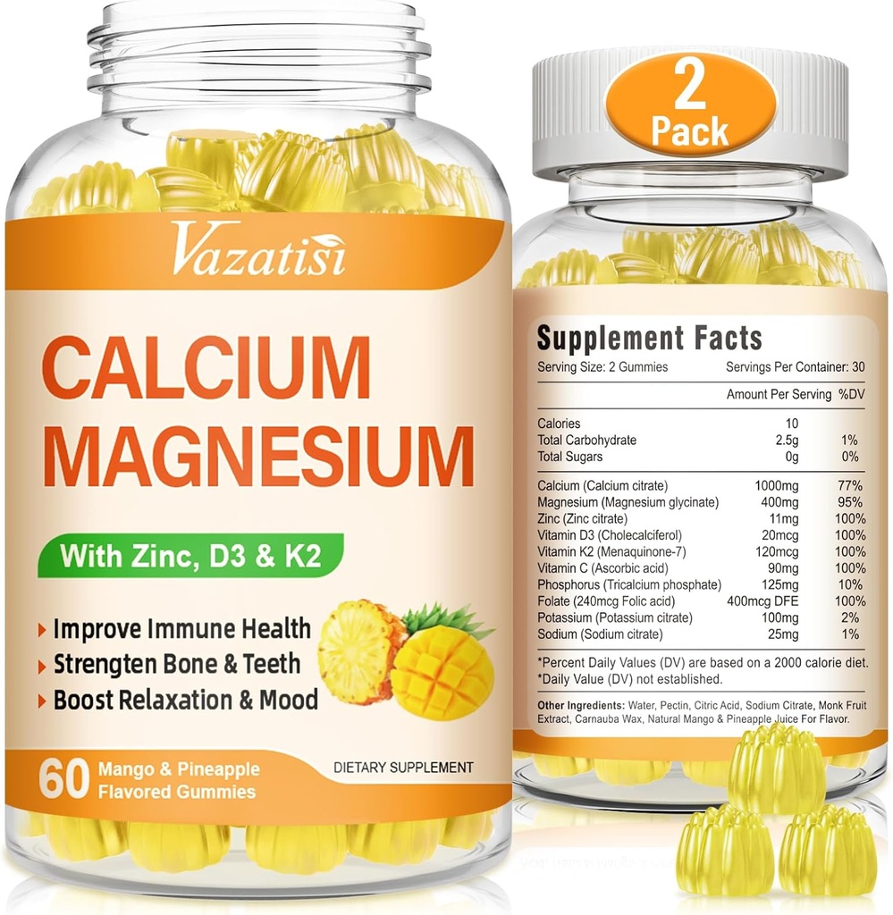 Kalcium Magnesium Zink Gummies med vitamin D3 och K2, High Absorption Magnesium Glycinate Kalium för immun och lugnt humör, Vegan Mango och Pineapple Flavor 120 Gummies