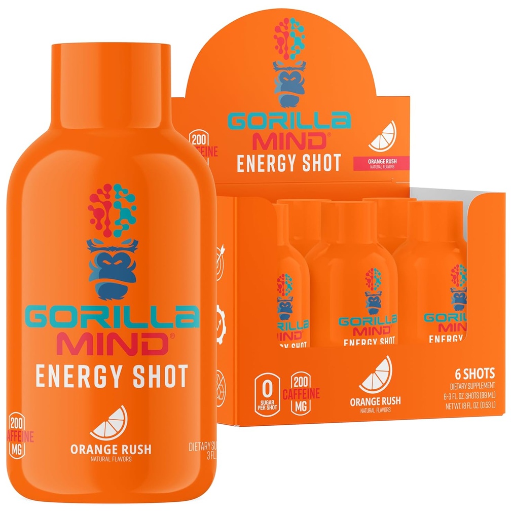 Gorilla Mode Energy Shots (6-Pack) - Energy Shots for Enhanced Focus & Energy, Sugar-Free, Fast-Acting, Potent Formel med vitaminer och naturliga extrakt (Orange Rush)