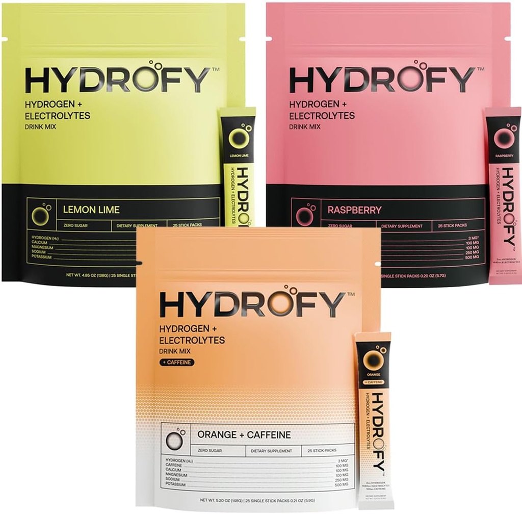 Hydrogen + Electrolytes Drink Mix Raspberry, Orange + koffein och Lemon Lime Bundle 75 portioner | Superior Hydration Packets med molekylärt väte (H2), Natrium, kalium, magnesium och kalcium
