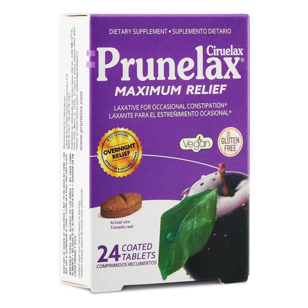 Prunelax Ciruelax Maximal Relief Laxative tabletter med naturlig Senna för yrkesmässig förstoppning, Senna Extract, Vegan & Gluten-Free, Gentle Overnight Relief - 24ct