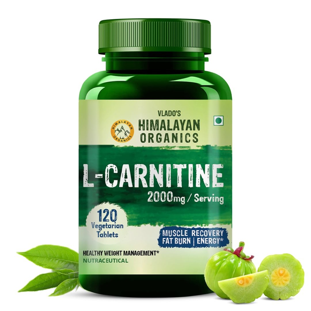 Himalayan Organics L-Carnitine L-Tartrate med Green Tea Extract 2000 Mg | Hälsosam vikthantering | Stöder muskelåterhämtning, öka energi, uthållighet och fettbränna -120 vegetariska tabletter