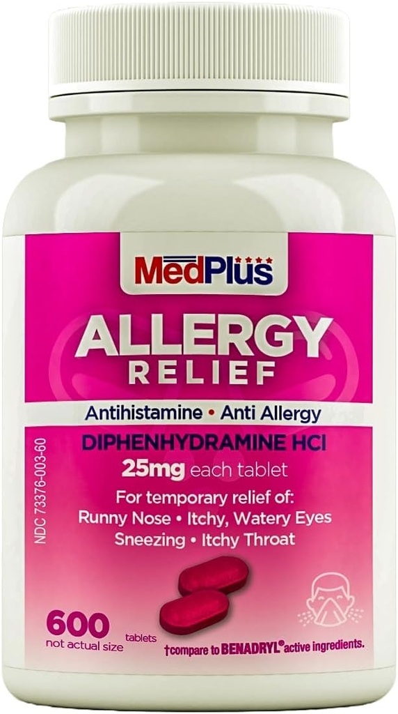 MedPlus Allergy Relief Medicine, 25 mg, 600 tabletter | Diphenhydramine Hcl | Antihistamin | Relief för inomhus och utomhusallergier, rosa