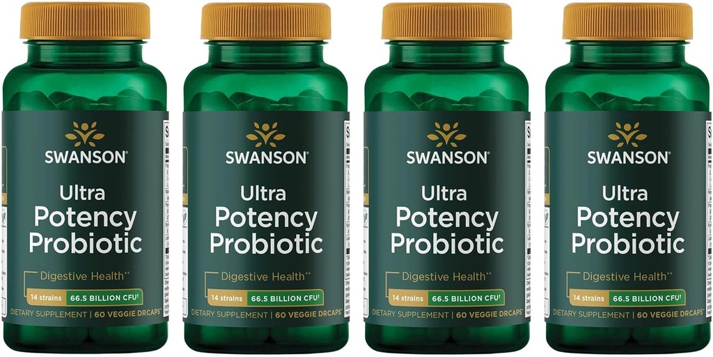 Swanson Ultra Potency Probiotic Digestive Health Immune System Support 66 miljarder CFU Prebiotic NutraFlora scFOS 60 DRcaps Veggie Capsules (Caps) (4 Pack)