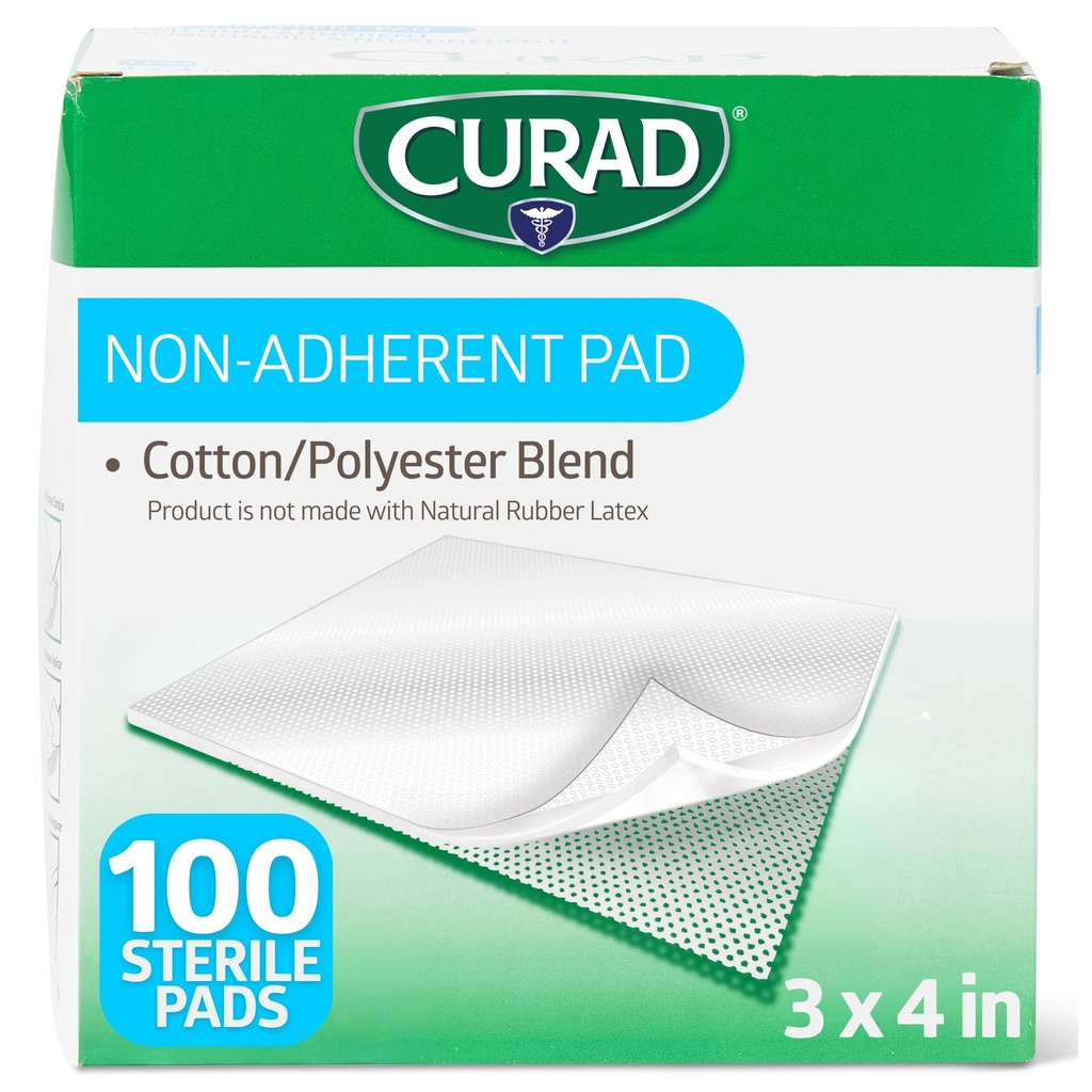 CURAD Sterile Non-Adherent Pads (Pack of 100), 3 "x4", för mild sårförband och absorption utan att sticka