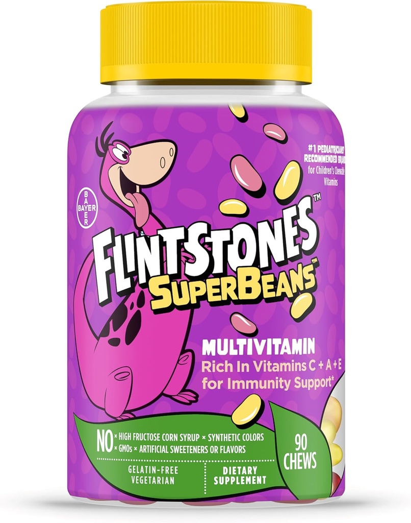 Flintstones Vitamins SuperBeans,Kids Multivitamin med immunitetssupport med vitamin AD, jod och zink för att stödja hälsosam tillväxt, frukt smaksatt, vegetarisk, Jelly Bean Chews,90 greve (Packaging kan variera)