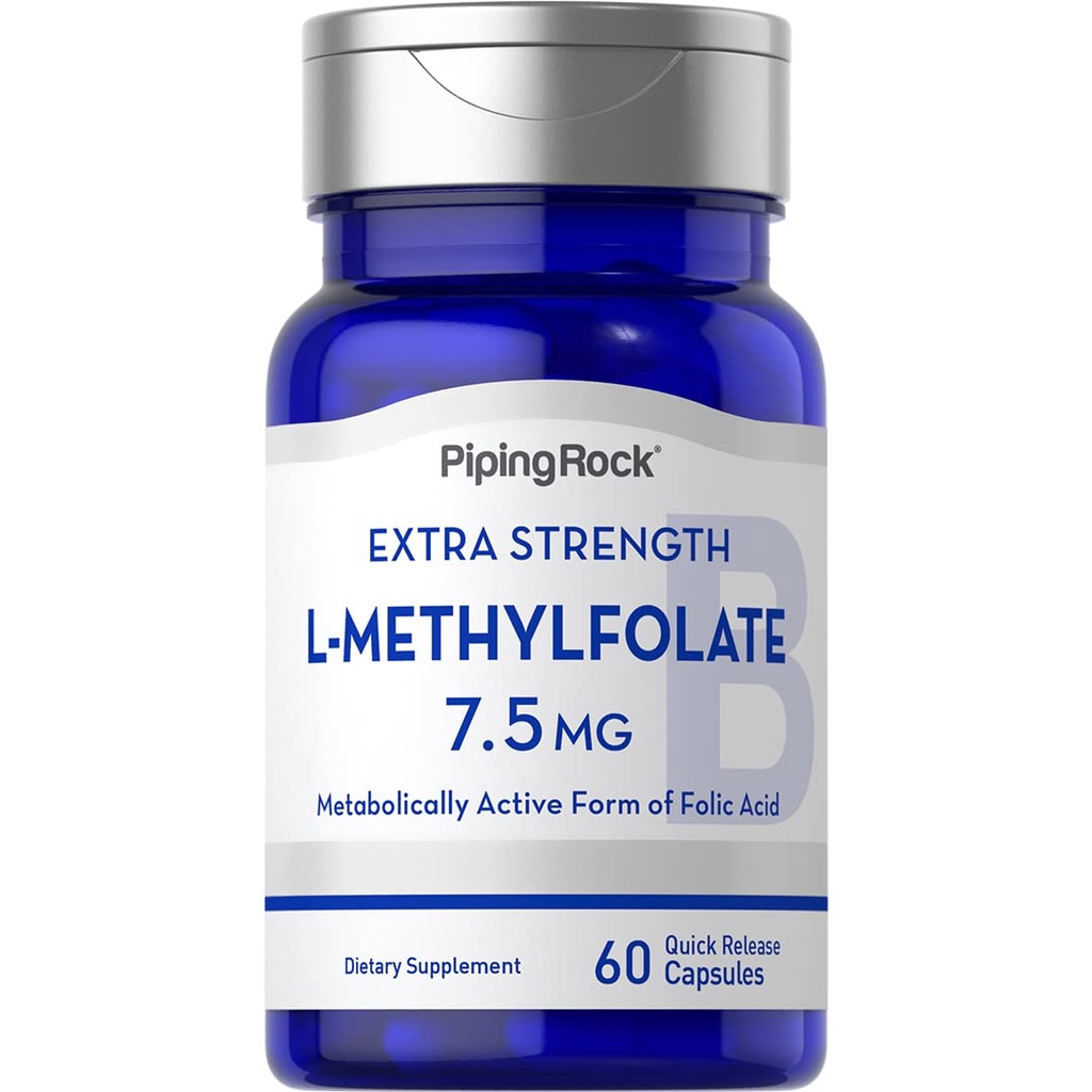Piping Rock L-Methylfolat 7,5 mg | 60 kapslar | Extra styrka tillägg | Aktiv folsyra | Non-GMO, Gluten Free