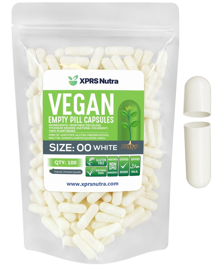 XPRS Nutra Size 00 tomma kapslar - 100 greve tomma vegankapslar - Vegetariska tomma piller - DIY vegetabilisk kapsel fyllning - Veggie piller (vita)