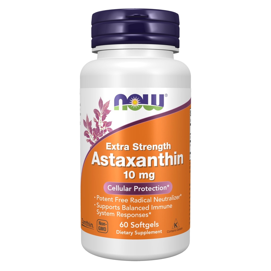 NOW Foods Supplements, Astaxanthin 10mg, Extra Strength, härledd från Non-GMO Haematococcus Pluvialis Microalgae och har naturligt förekommande Lutein, Canthaxanthin och Beta-Carotene, 60 Softgels