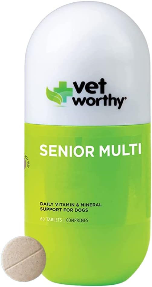 Vet Worthy Senior Multivitamin Chewable för hundar - Antioxidanter och näringsstöd - Dagligt stöd - Vitaminer, mineraler och enzymer - Lever smak Chewable för hundar - 60 tabletter