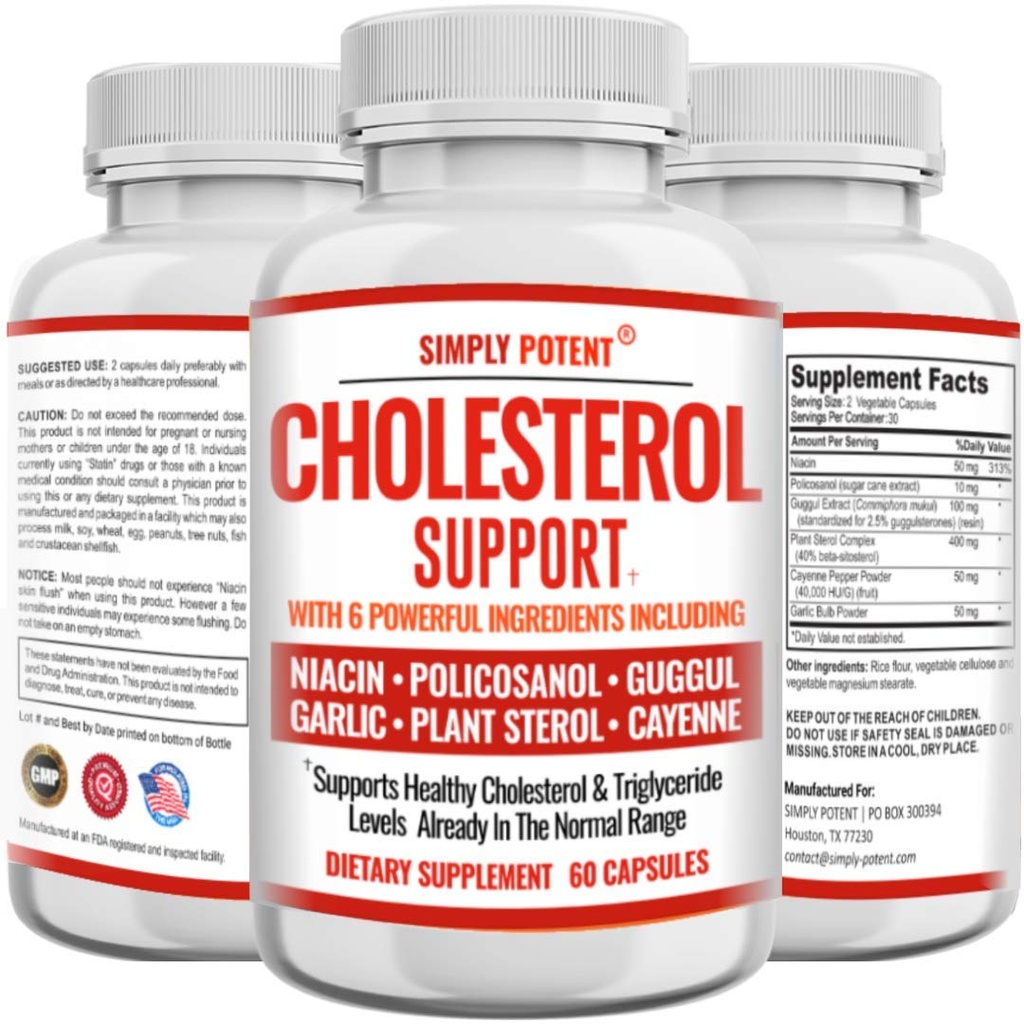 Kolesterol sänkning tillägg som fungerar, stöder lägre högt kolesterol, triglycerid, LDL & Raise HDL naturligt, hjärthälsosamma naturkapslar med vitlök, växtsteroler, Niacin, Guggul, 60 Ct