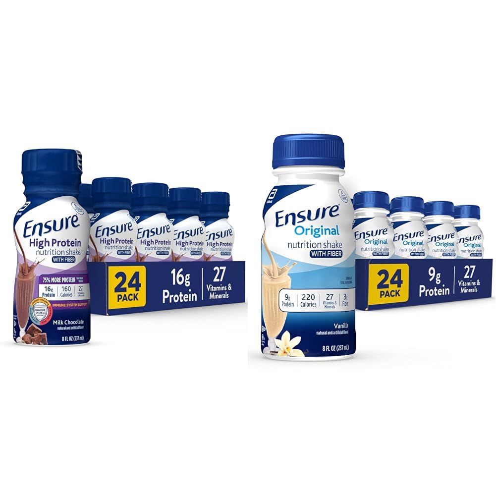 Säkerställ High Protein Nutritional Shake Med Fiber & Säkerställ Original Vanilla Liquid Nutrition Shake Med Fiber | glutenfri Meal Replacement Shake | 24 Pack | flaska