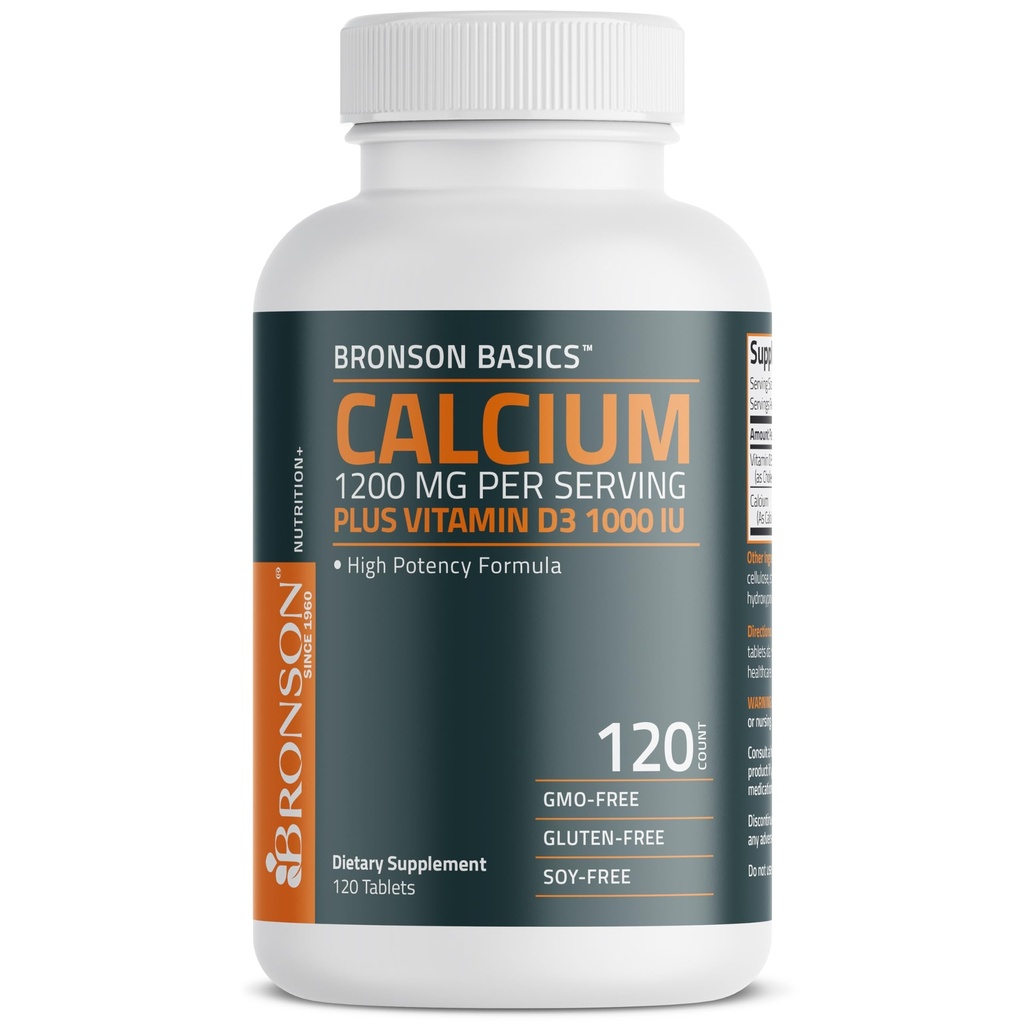 Bronson Calcium 1200mg Per Serving Plus Vitamin D3 1000 IE High Potency Formel, Non-GMO, 120 tabletter