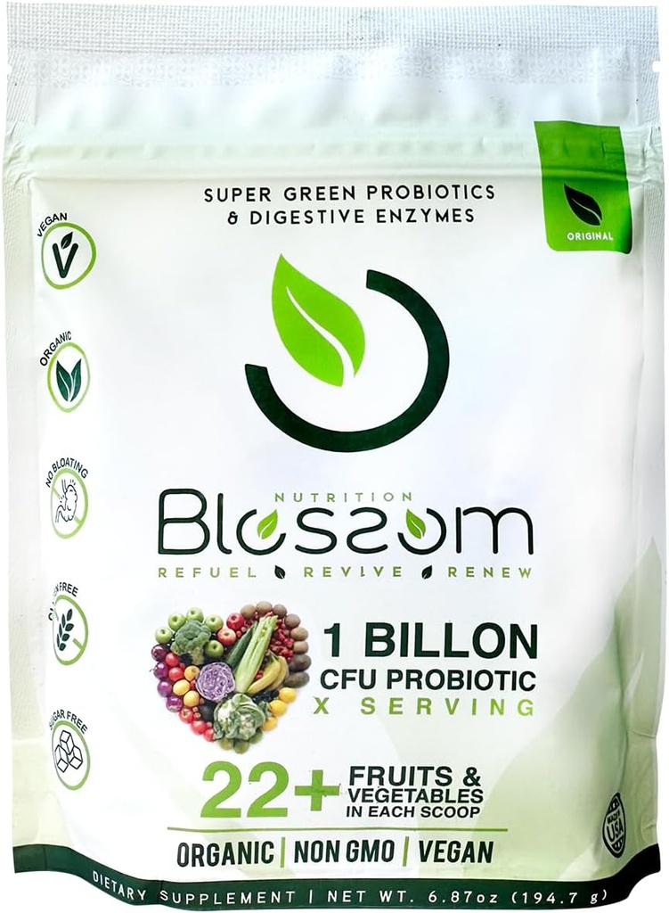 Blossom SuperGreens Probiotics - Digestive Enzymes med Pre / ProBiotics för Bloating Relief - 30 + SuperGreens & SuperReds för att öka energi - Organisk, Gluten-Free, No Fiber, 0g Sugar (Lemon Citrus)