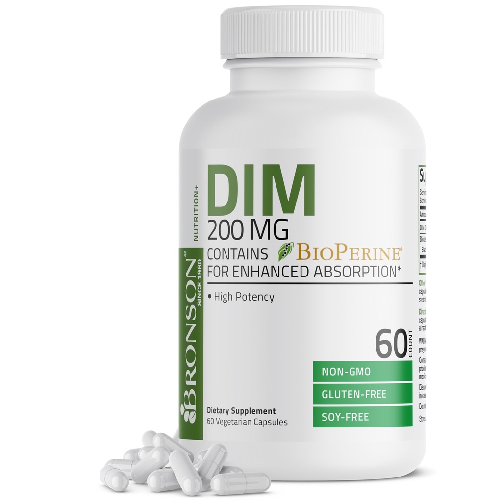Bronson DIM 200 MG Supplement Diindolymethane with BioPerine for Enhanced Absorption, Estrogen Metabolism & Maintains Balanced Hormone Levels, 60 Vegetarian Capsules