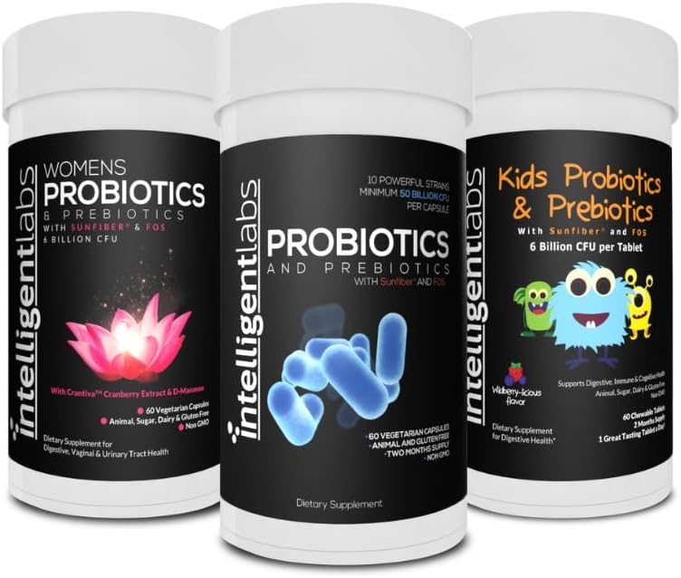 Intelligent Labs 3-i-1 Probiotika med prebiotika Bundle för hela familjen: Barn + Vuxen 50 miljarder CFU + Kvinnors probiotika, ingen kylning behövs, 2 månaders leverans per flaska
