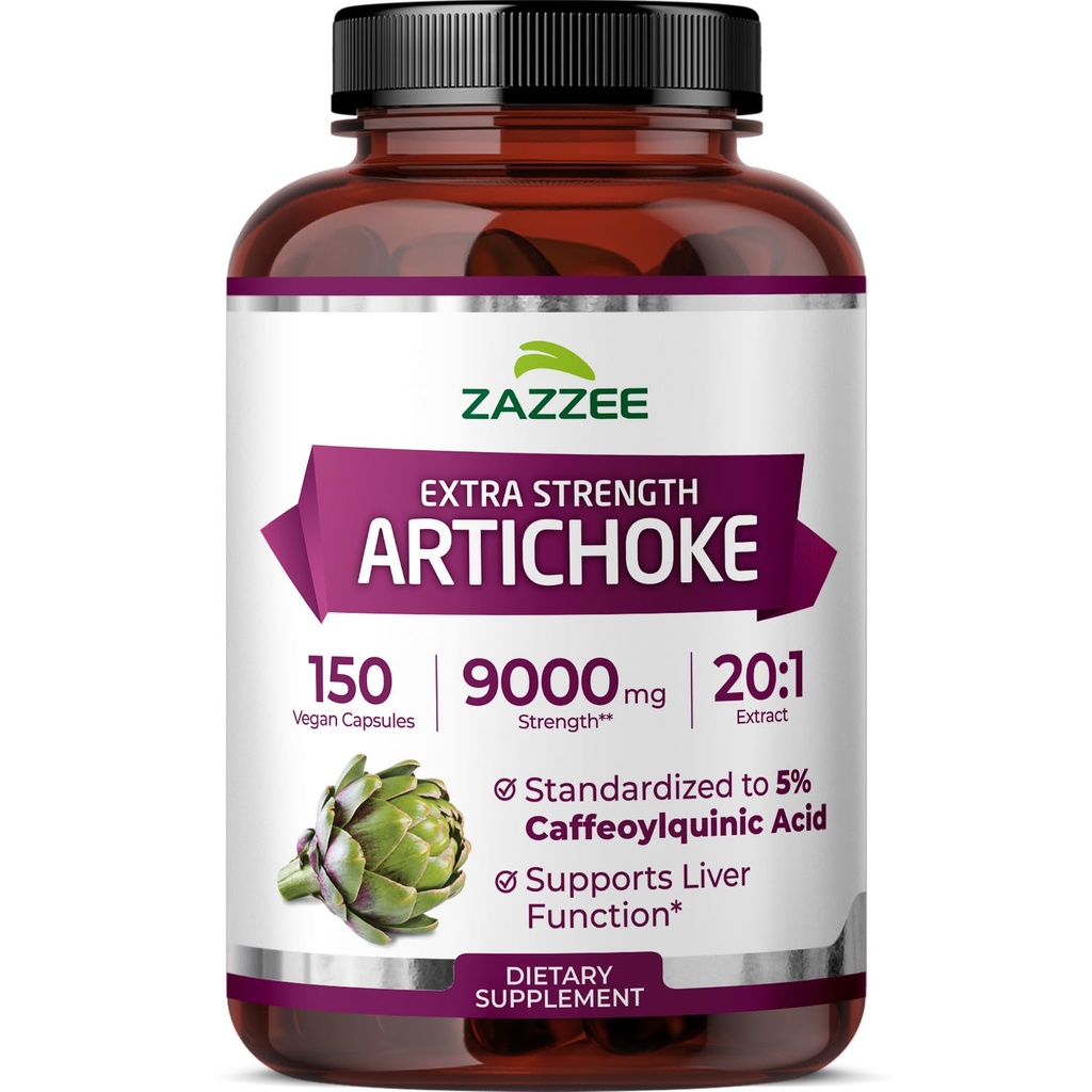 Zazzee Extra Strength Artichoke 20:1 Extract, 9000 mg Styrka, 5% Caffeoylquinic Acid, 150 Vegan kapslar, 5 månaders leverans, koncentrerad och standardiserad 20X Extract, Non-GMO och All-Natural