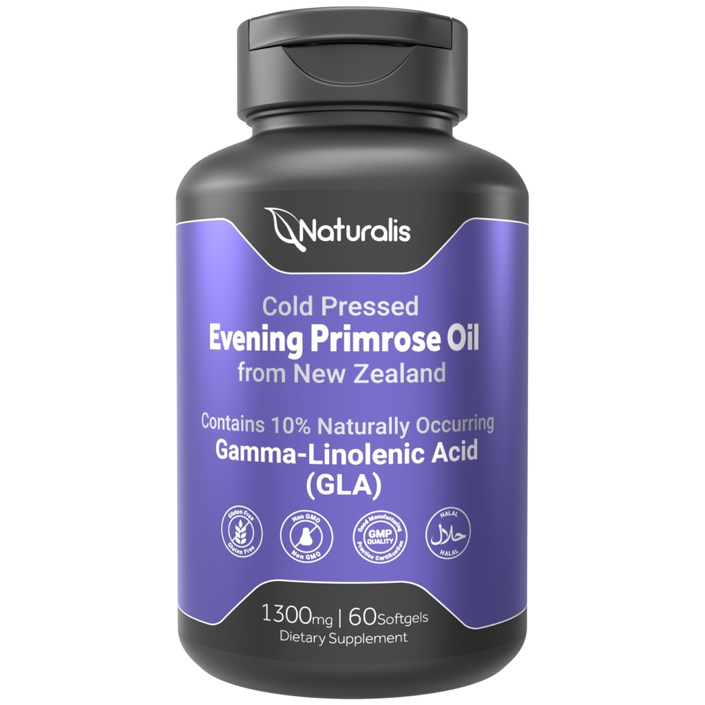 Naturalis Evening Primrose Oil (1300mg) | 100% Naturlig från Nya Zeeland | Non-GMO, Soy & Gluten Free, Zero Filler | 60 Softgels