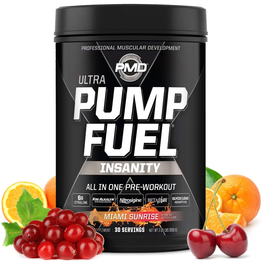 PMD Sport Pump Fuel Ultra Insanity - Premium Pre Workout Powder & Muscle Pump, större fokus, uthållighet och återhämtning, Premium Creatine, Arginine & Beta Alanine - Miami Sunrise (30 portioner)