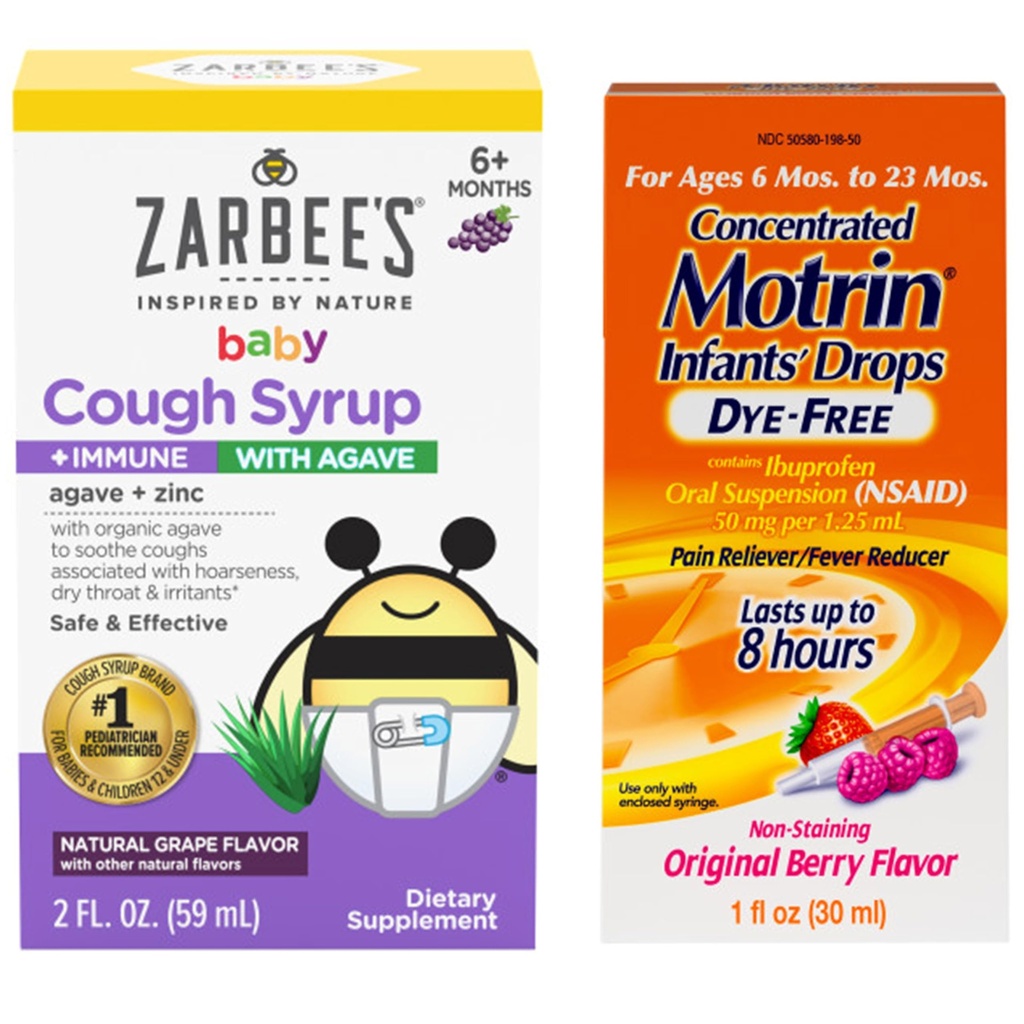 Motrin and Zarbee’s Essentials for Infants Infants' Concentrated Liquid Medicine Drops with Ibuprofen and Zarbee's Baby Coughⱡ Syrup + Immune with Organic Agave + Zinc