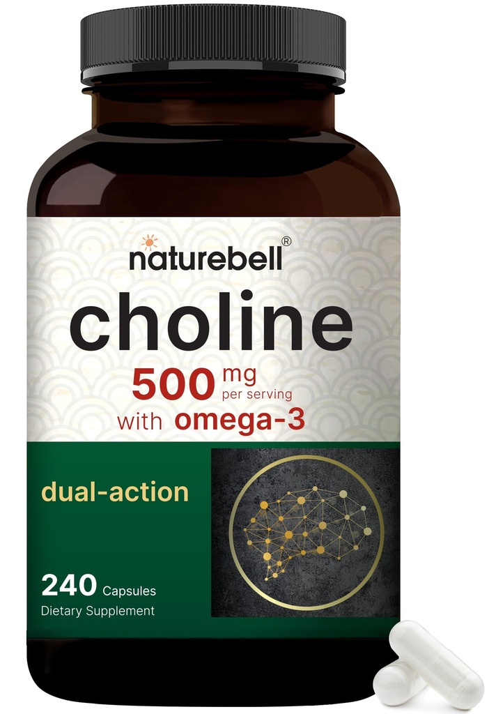 NatureBell Choline Supplements 500mg med Omega-3 fettsyror, 240 kapslar | High Potency Choline Bitartrate - Prenatal Support Under graviditeten - Främjar energi, lever, hjärna och kognitiv hälsa