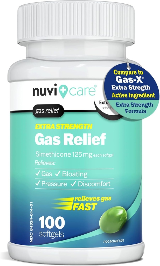 Extra styrka Gas Relief - Simethicone 125mg Softgels - Fast Anti Gas Bloating Relief - Jämför med den aktiva ingrediensen i Gas-X Anti Gas Pills - Stomach Gas Relief för vuxna (100 greve)