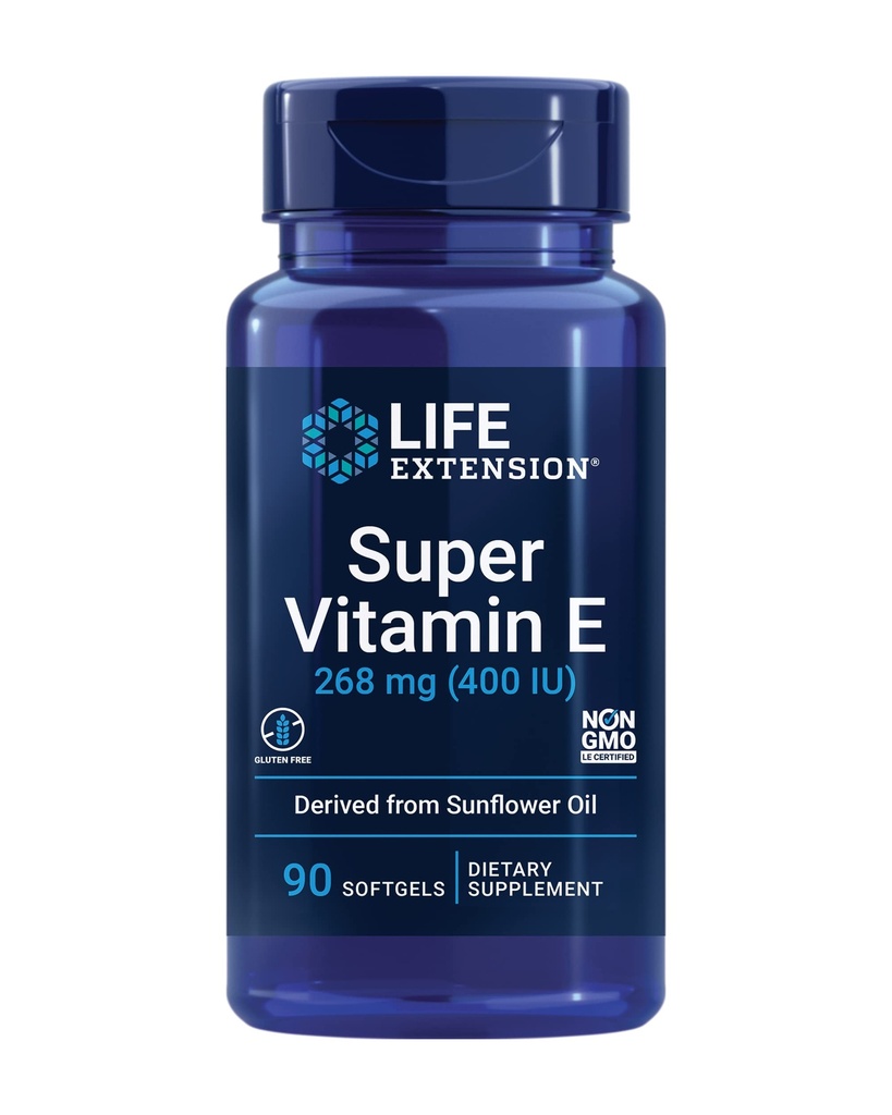 Life Extension Super Vitamin E, 268 mg (400 IU), Non-Synthetic Vitamin E Supplement Promotes Whole-Body Health, Gluten-Free, Non-GMO, 90 softgels