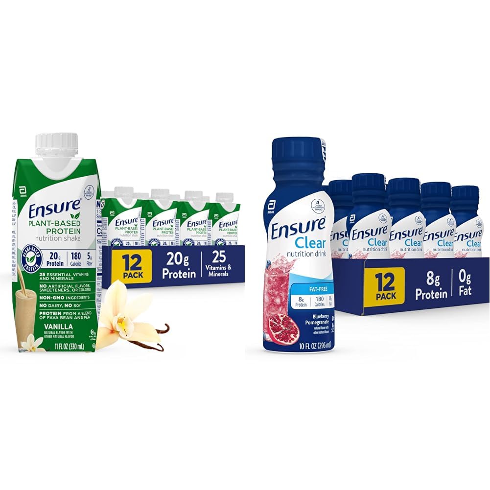 Säkerställ 100% Plant-Based Vegan Protein Nutrition Shakes med 20g Fava Bean och Pea Protein, Vanilla & Ensure Liquid Clear Nutrition Drink, 0g fett, 8g protein, Blueberry Pomegranate, 10 Fl Oz