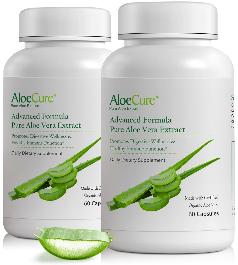AloeCure Organic Aloe Vera Capsules, 160,000mg Inner Aloe Leaf Equivalent per Servering, Support Gut, Digestive, & Immune Health, hjälper till att upprätthålla balanserad magsyra, Aloin Free, 60Caps x 2Btl