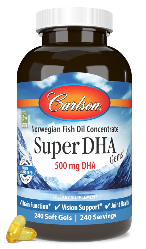 Carlson Super DHA Gems - 500 mg DHA kosttillskott, 640 mg fettsyror, norska fiskolja koncentrat, vildfångad, hållbart källad fiskolja kapslar, 240 Softgels