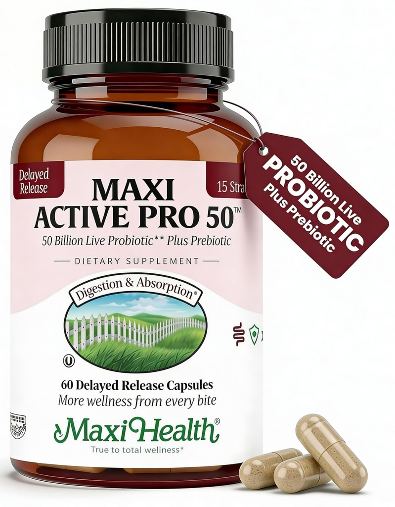 Maxi Health Probiotic Plus Ultimate Prebiotic Advanced Live Probiotics Formel - 50 miljarder Live Active Probiotic - 15 Strains - Ultra Protection - Active Pro-50-60 Count
